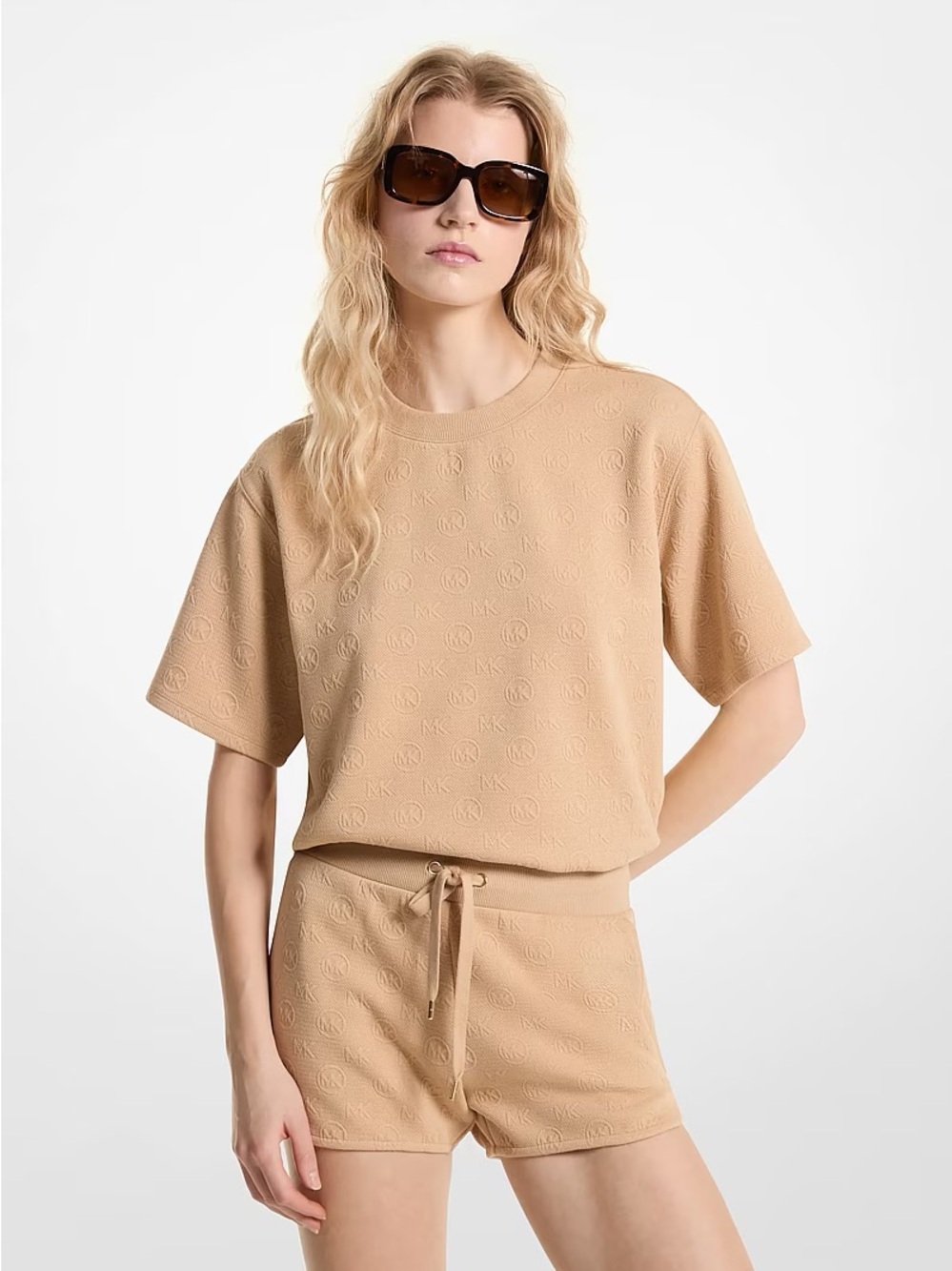Michael Kors Camel Short-Sleeve Embossed Logo Crewneck Tee